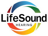 LifeSound Hearing logo with the company name in bold black letters. A multicolored circular swirl in red, blue, green, yellow, and orange surrounds the text. The word HEARING appears below LifeSound.
